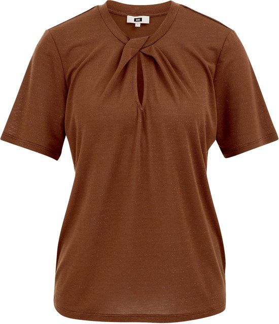 WE Fashion Dames jersey T-shirt met plooidetail en glittergaren - Bruin - Maat L