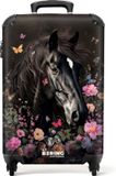 NoBoringSuitcases.com Kinderkoffer - Zwart paard met bloemen - Handbagage trolley - 55x35x20 cm - 36L - Hardcase