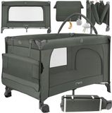 Momi Belove Plus Reisbed, 2-in-1, opvouwbaar, 2 hoogtes, voor baby's tot 9 kg en kinderen tot 15 kg, met matras, stang met speelgoed, aankleedkussen en draagtas