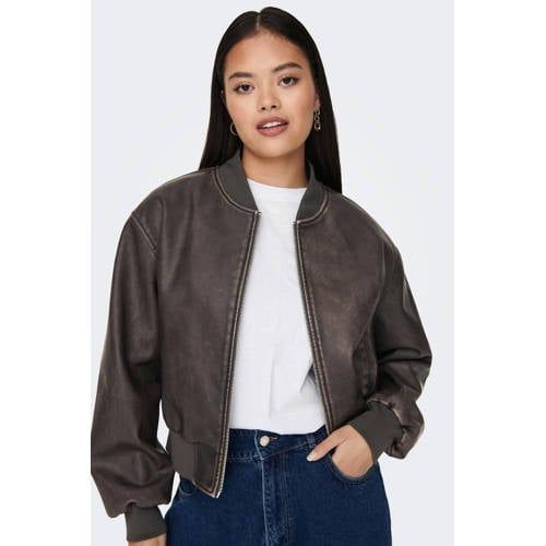 ONLY ONLJANE Washed Brown Faux Leather Bomber Jacket