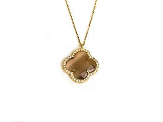 Zilver verguld collier model Fiori met bruine klaver en zirkonia - 42 cm