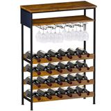 Shally Dogan Wijnrek met 24 vakken voor wijnflessen, 10 theelichthouders en 1 plank, industrieel wijnrek voor bar met stalen frame en planken van hout, 66 x 30 x 100 cm