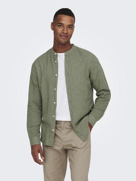 ONLY & SONS Caiden LS Solid Linen Mao Overhemd Heren - Groen - Maat L