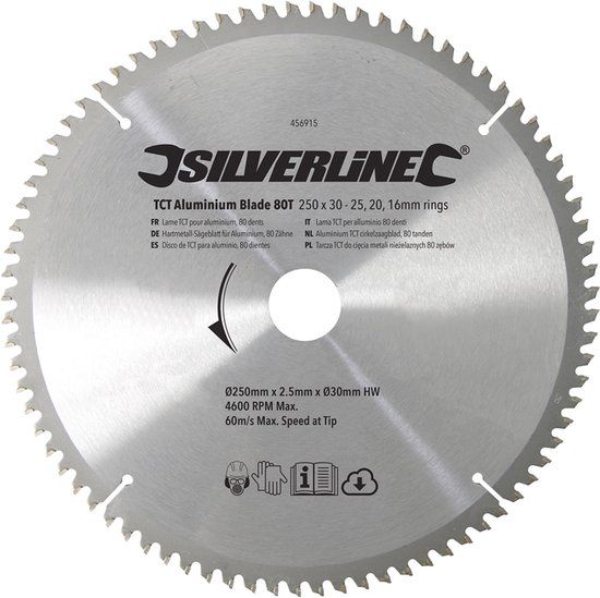Silverline TCT Cirkelzaagblad - 250mm - 80 Tanden - Aluminium, Hout, Laminaat, MDF, Multiplex, Verlijmd hout