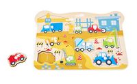 Hape Bouw-steekpuzzel, houten puzzel met handgrepen voor kinderen, educatief speelgoed met bouwvoertuigen, motoriekspeelgoed vanaf 24 maanden