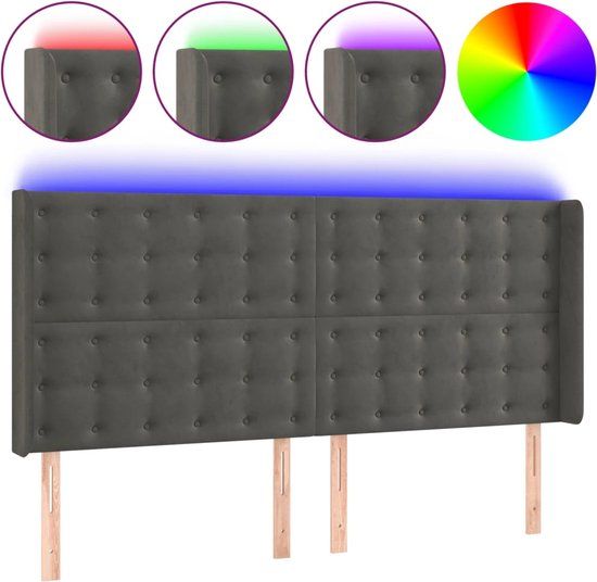 vidaXL Hoofdbord LED - 163x16x118/128 cm - Fluweel - Donkergrijs