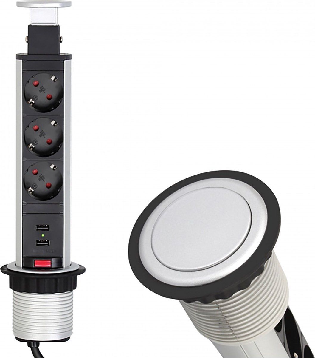 DESIGN LIGHT Verticale Stekkerdoos met USB - Pop up stekkerblok met 3 stopcontacten en 2 USB - Ø 60mm Inbouw Verdeelstekker met 1.8 meter kabel - Stekkerblok voor max. 3680 Watt - Aluminium