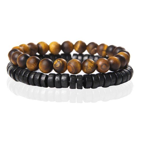 Memphis Stacked Armband - Hout & Matte Tiger Eye - 21cm