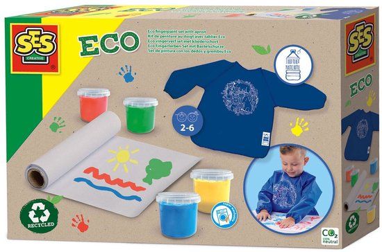 SES Creative Eco Vingerverf Set met Kliederschort en Papierrol