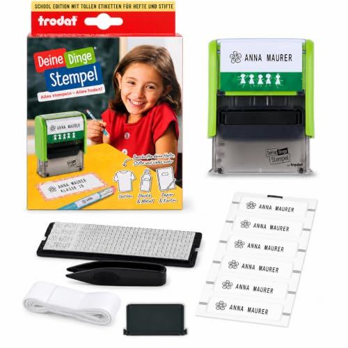 Trodat Stempel je spullen voor kinderen, stempelset om zelf vorm te geven – 3 regels, Duits, zelfkleurend, textielstempel wasmachinebestendig, 38 x 14 mm, afdruk zwart, inclusief accessoires