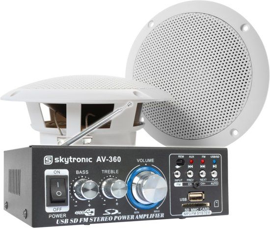 SkyTronic Weerbestendige 5 speakerset + versterker en kabel voor muziek op terras of veranda