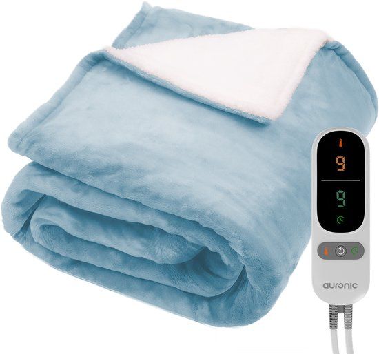 Auronic Elektrische Deken - 200 x 180 cm - 2 Persoons Warmtedeken - 9 Warmte en Timerstanden - Verwarmingsdeken - Sherpa Fleece - Lichtblauw