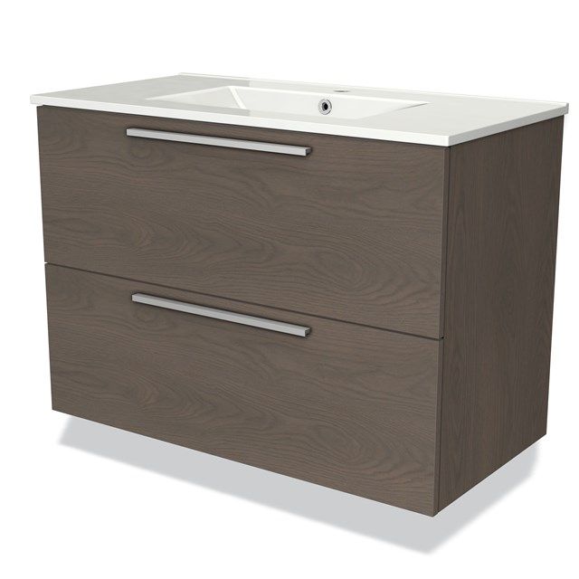 Maxaro Badkamermeubel 90cm Modulo Donkerbruin Eiken 2 Lades Vlak Wastafel Keramiek