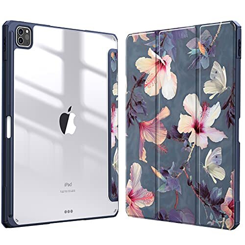 Fintie Hoes voor iPad Pro 12.9 2021 (5e Generatie)/ iPad Pro 12.9 2020/2018 - [Ingebouwde Penhouder] Schokbestendige Cover met Transparant Harde Schaal Terug Beschermhoes, (Z-Bloeiende Hibiscus)