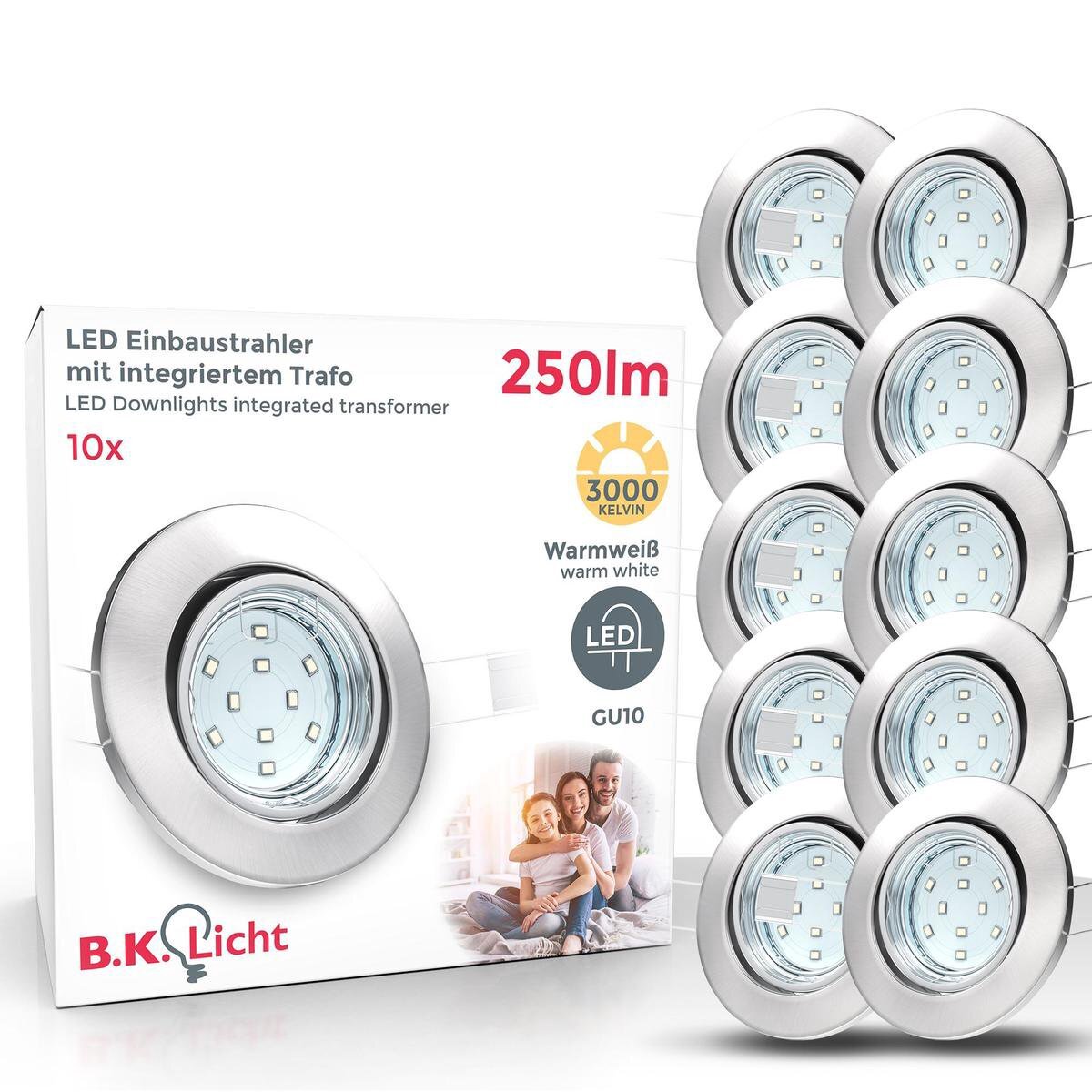 B.K.Licht - Inbouwspots - LED - 10 stuks - ronde - vor binnen - met GU10 - kantelbaar - spotjes inbouw - IP23 - Ø8.6cm - 3.000K - 250Lm - 3W - nikkel