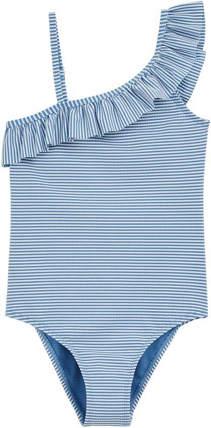 WE Fashion Meisjes gestreept badpak met structuur en ruches blauw/wit - maat 110/116