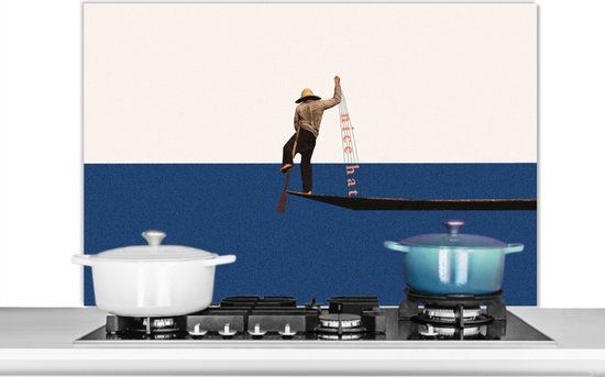 KitchenYeah Spatscherm keuken - Vrouw - Retro - Compliment - Blauw - 100x65 cm - Aluminium