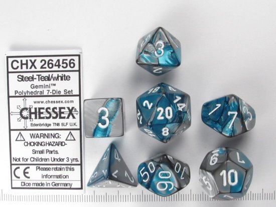 Chessex dobbelstenen set 7 polydice Gemini steel-teal w/white