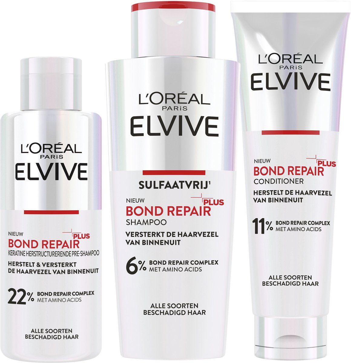 L'Oréal Paris Elvive Bond Repair Pre-Shampoo, Shampoo & Conditioner Routine Bundel - Voor Beschadigd Haar - 200ml, 200ml & 150ml