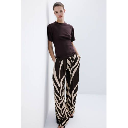 Mango wide leg high waist casual broek met zebraprint bruin