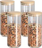 Zeller Pot de stockage Grooves - 4x - verre dur - transparent - 1100 ml - couvercle en bambou - hermétique