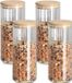 Zeller Pot de stockage Grooves - 4x - verre dur - transparent - 1100 ml - couvercle en bambou - hermétique