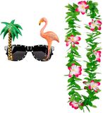 Merkloos Tropische Hawaii Party Accessoires Set - Funny Zonnebril en Bloemenkrans Groen/Roze - voor Adultes