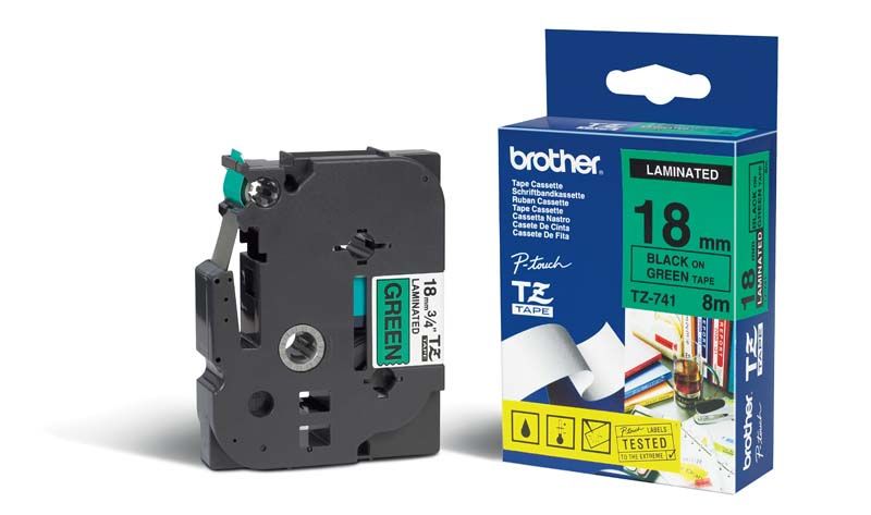 Brother TZ-741 Label Tape - Black on Green - 18mm x 8m