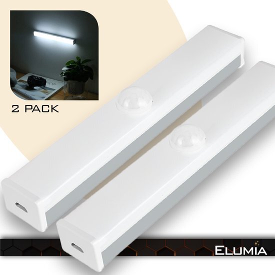 Elumia LED lamp met bewegingssensor 21CM - Duo pack - Koel Wit(6000K) - 10 LED's - USB Oplaadbaar - Accu - Dimbare lamp - Kastlamp - Keukenlamp - Draadloze lamp - Nachtlampje