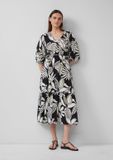 s.Oliver - Femme - Robe mi-longue en coton avec détails nœud - Noir - Fleuri - Manches longues - Col en V - Coupe évasée - Mi-mollet - Printemps/Été 2025