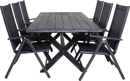 Hioshop Rives tuinmeubelset tafel 100x200cm en 6 stoel Break zwart.