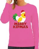 Bellatio Decorations Kersttrui voor dames - Merry Kipmas - roze - kerst kip - schattige kerst S
