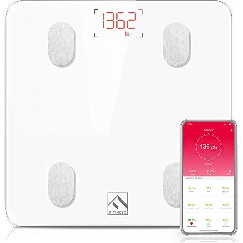 FITINDEX Bluetooth Body Fat Scale, Smart Badkamer Gewichtsschaal Lichaamssamenstelling Monitor Gezondheidsanalysator met Smartphone App voor Fitness, Wit