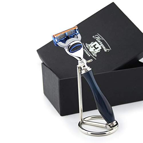 Haryali London Nieuwe editie Gemarmerd Blauw -5 Edge Cartridge Compatibel Razor Luxe Handvat & RVS Chrome Razor Stand -Premium Combo- Perfect Duo voor Elk Scheerapparaat