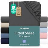 Twinzen hoeslaken 80 x 160 cm - 100% katoenjersey, donkergrijs - Oeko-Tex gecertificeerd - Eenpersoons hoeslaken 80 x 160 cm