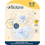 BIOLANE - Anatomische spenen van dieren - Extra fijne fopspenen - 0 tot 6 maanden - Blauw en beige - Platte en omkeerbare speen - Optimaal draagcomfort - Respect voor de mondontwikkeling - Hernieuwbaar