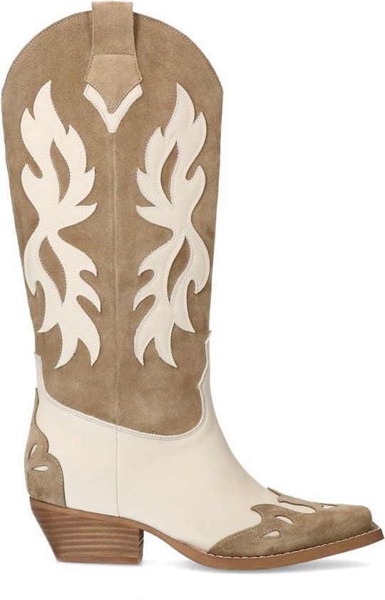 Sacha Dames Beige Suède Cowboylaarzen met Sierstiksels - Maat 37