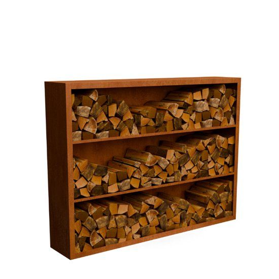 Merkloos Geroba Egura cortenstaal Houtopslag 3 vakken met achterwand L200 x B38,5 x H150 cm