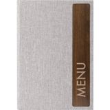 SIGEL SM223 menumap A5 "Menu" avec reliure en caoutchouc, couverture durable et hydrofuge, gris clair/marron avec structure en lin, plastique et bois de noyer