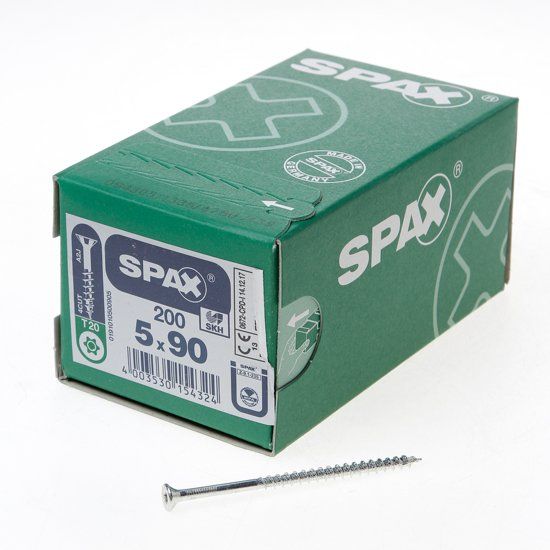 Spax Spaanplaatschroef platverzonken kop verzinkt T-Star T20 deeldraad 5.0x90mm (200 stuks)
