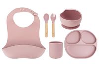 Momi AMI Kinderserviesset met bestek, 6-delige set, slabbetje, lepel, vork, bord, kom 360 ml, beker 180 ml, van siliconen, vaatwasmachinebestendig en magnetronbestendig