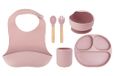 Momi AMI Kinderserviesset met bestek, 6-delige set, slabbetje, lepel, vork, bord, kom 360 ml, beker 180 ml, van siliconen, vaatwasmachinebestendig en magnetronbestendig