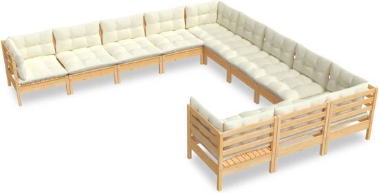 vidaXL 11-delige Loungeset met crèmekleurige kussens grenenhout