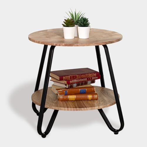 MEUBLE COSY Bijzettafel, salontafel, rond, nachtkastje, woonkamertafel, banktafel met legplank voor woonkamer, slaapkamer, industrieel design, metalen frame, eiken, hout, 46x46x45cm