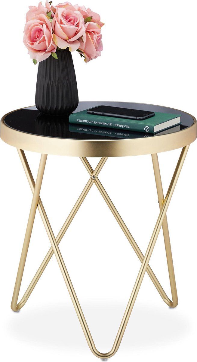 Relaxdays Bijzettafel - Rond - Zwart Glas & Goud - 2020 Model