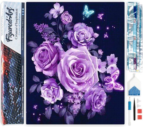Figured'Art Diamond Painting set Volwassenen 40x50 cm Paarse bloemen en vlinders