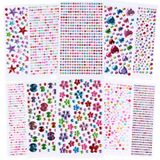 Glitterstenen, zelfklevend, 3514 stuks, 10 vellen, kleurrijke strassteentjes, gezicht, glitterstenen om te knutselen, verschillende vormen, glitterstickers, strassteentjes, zelfklevend voor kinderen