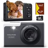 WOLFANG Digitale camera, 4K kindercamera voor fotografie, 56 MP compacte vlogging camera, 16x digitale zoom videocamera, auto focus punt en schietdigitale camera's, cadeau voor studenten, tieners