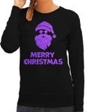Bellatio Decorations Foute Kersttrui/Sweater Dames - Merry Christmas - Zwart - Glitter Paars - Kerstman - Maat M