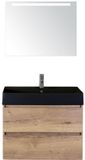 BES LED Maxx XL Badmeubelset 80 cm - Natuur Eiken - Wastafel Kube Zwart 1 Kraangat met LED Spiegel